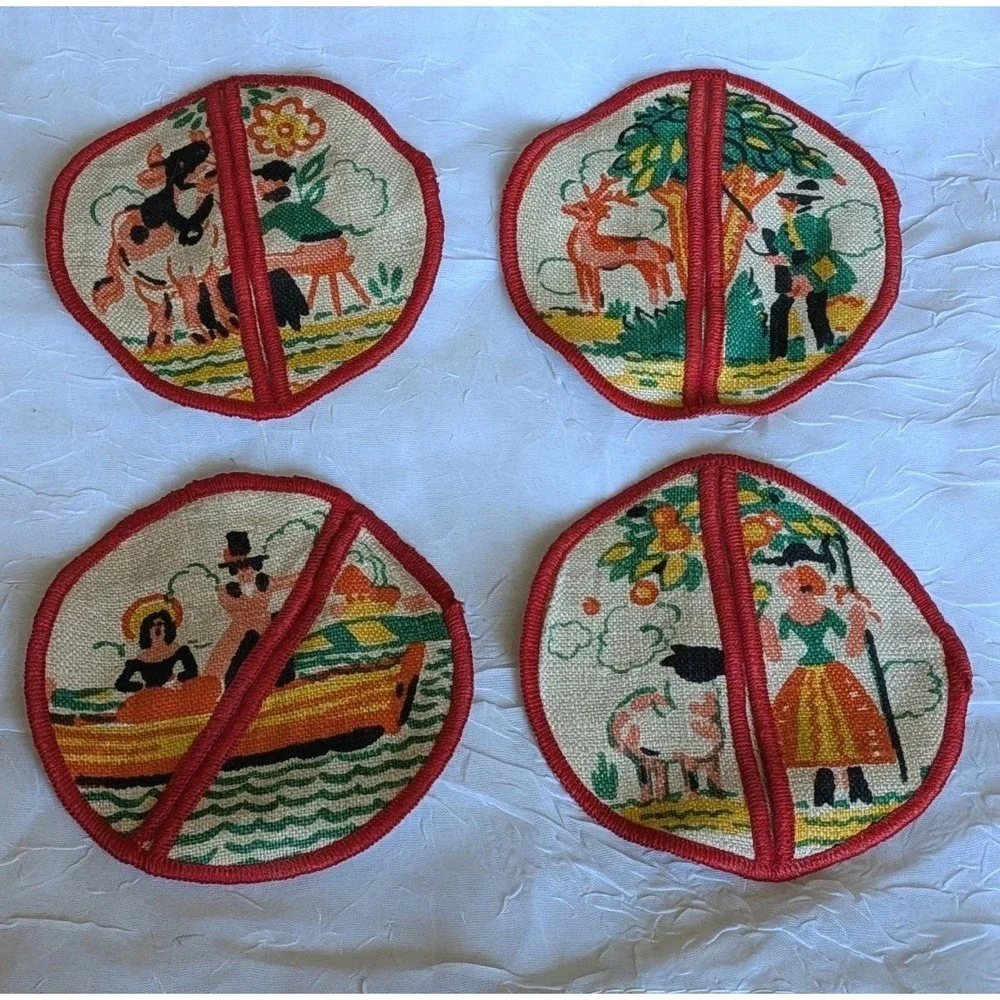 4 Tony Sarg Print Linens Coasters Wine Pocket Cow Lamb Deer Boat Hunter Set Vtg